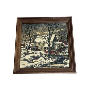VTG KayDee Hope Valley RI Linen Print Wood Framed Winter Mill Scene 16"x16"